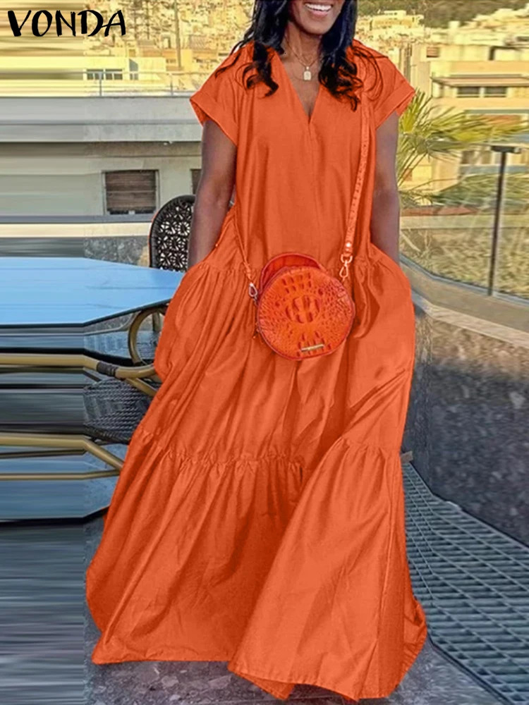Plus Size VONDA Women Bohemian Dress Summer Sundress Solid Color Casual Short Sleeve Party Ruffled Vestidos V-Neck Robe 250520