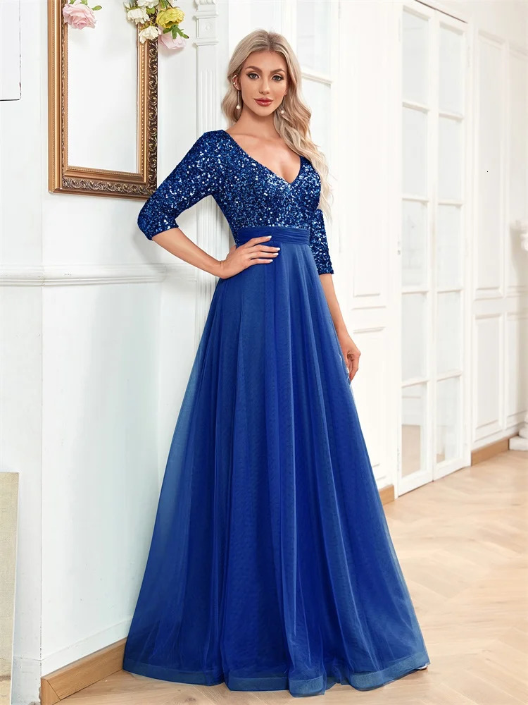 Floor Length V-Neck Evening Dress Women Elegant Party Maxi Dress Sequin Short Sleeves Prom Cocktail Gown 250520