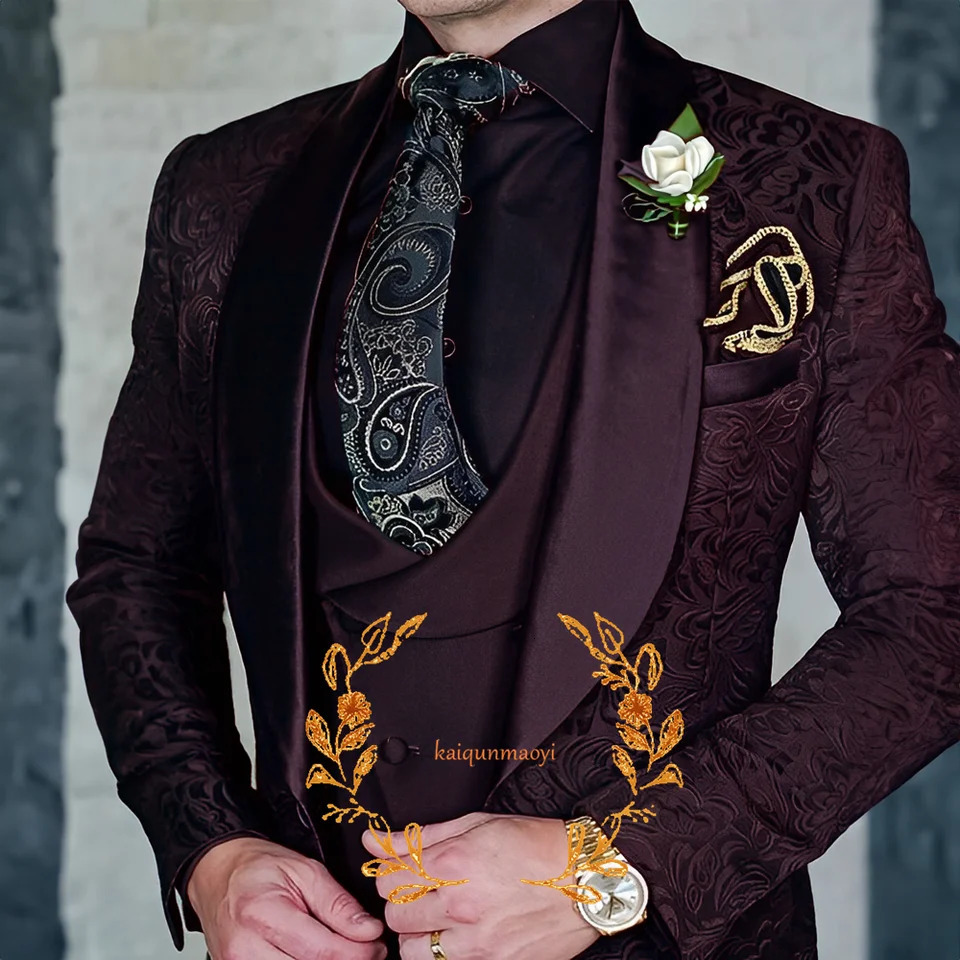 Jacquard Elegant Mens 3 Piece Suit Set Wedding Groom Tuxedo Jacket Pants Vest Formal Party Dress XS-5XL 250517