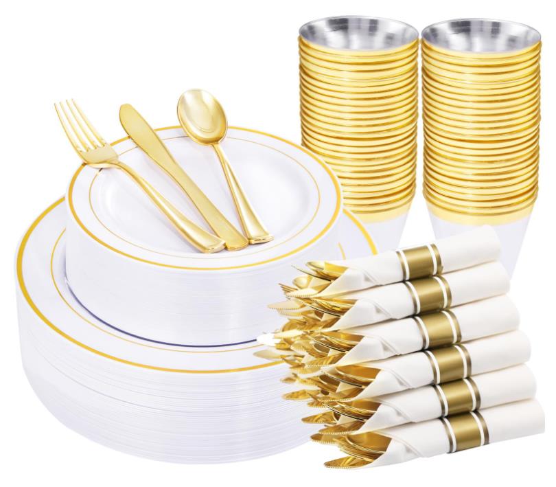 20PCS Plastic Dinnerware Set Guests Clear Gold Disposable Plates for Party Wedding Anniversary