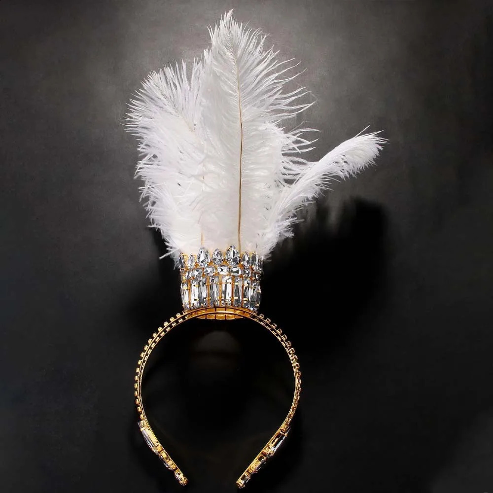 Elegant White Feather Crown Tiara Drag Queen Performance Accessories Oversize Headband Rhinestone Headpiece Jewelry Cosplay Gift 250530