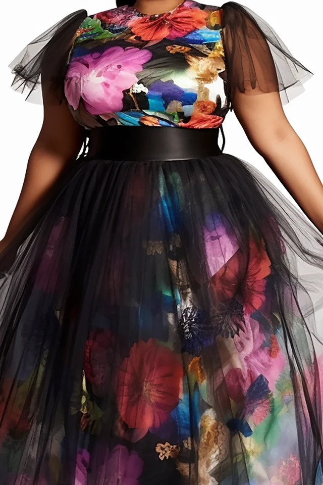 Women Plus Size Dress Elegant Black Floral Autumn Fashion Round Neck Short Sleeve Wedding Guest Contrast Mesh Two Piece Dress 250520