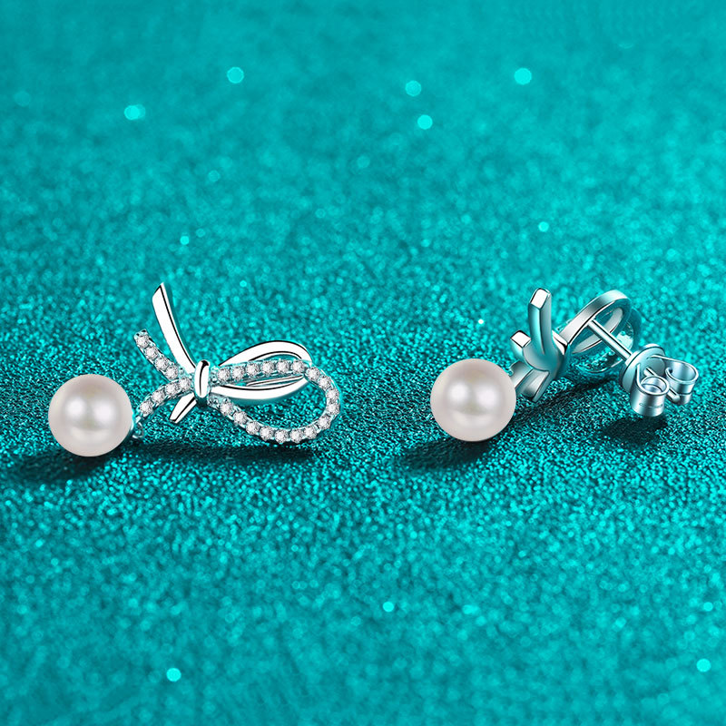 S925 Sterling Silver Moissanite Pearl Stud Earrings, Bow Design Sweet Chic Earrings, Minimalist High-End Jewelry