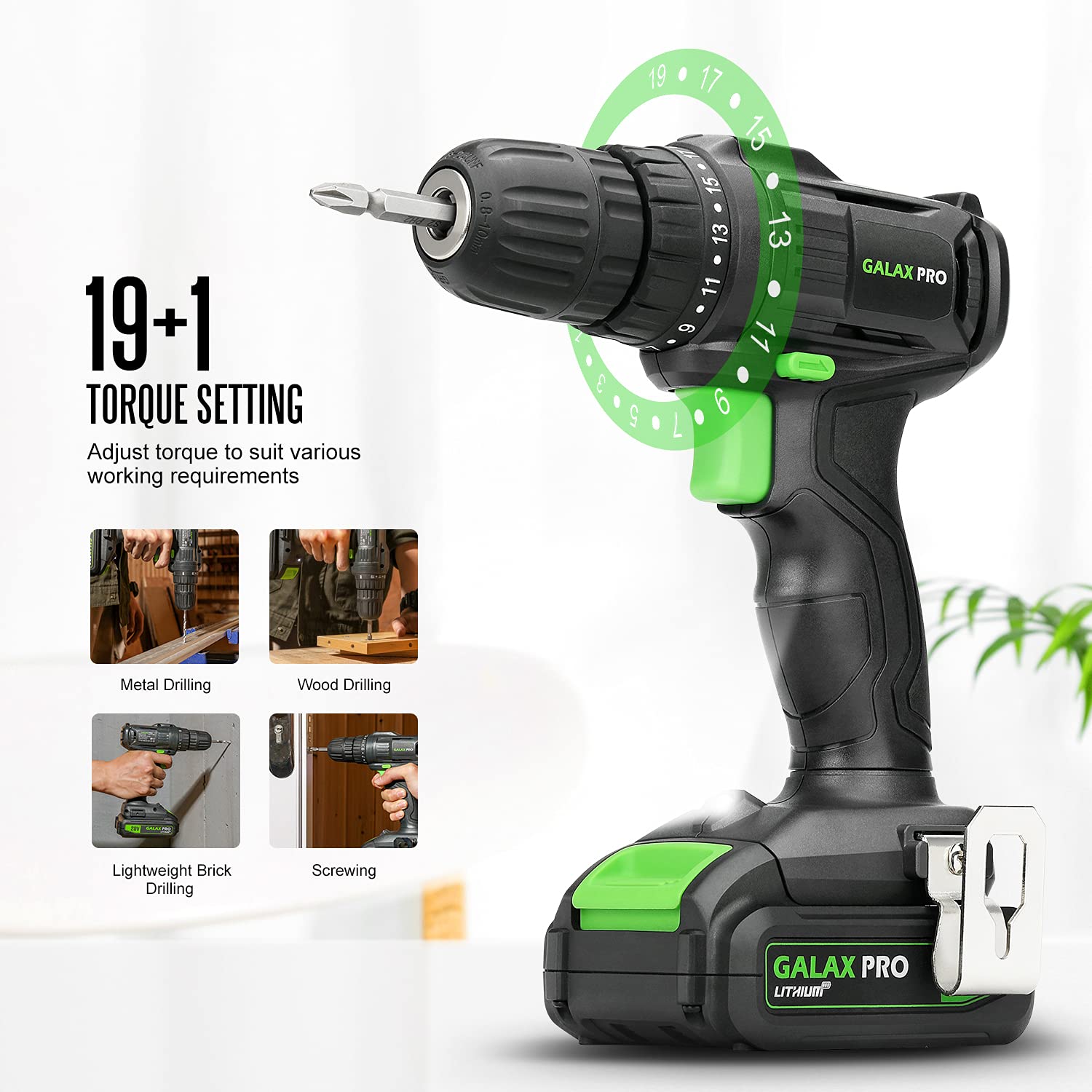 GALAX PRO Cordless Drill Driver 20V 1.3Ah Battery Power Drill Driver with Single Speed 0-600RPM 3/8 Inch Keyless Chuck 19+1 Position with Battery and 