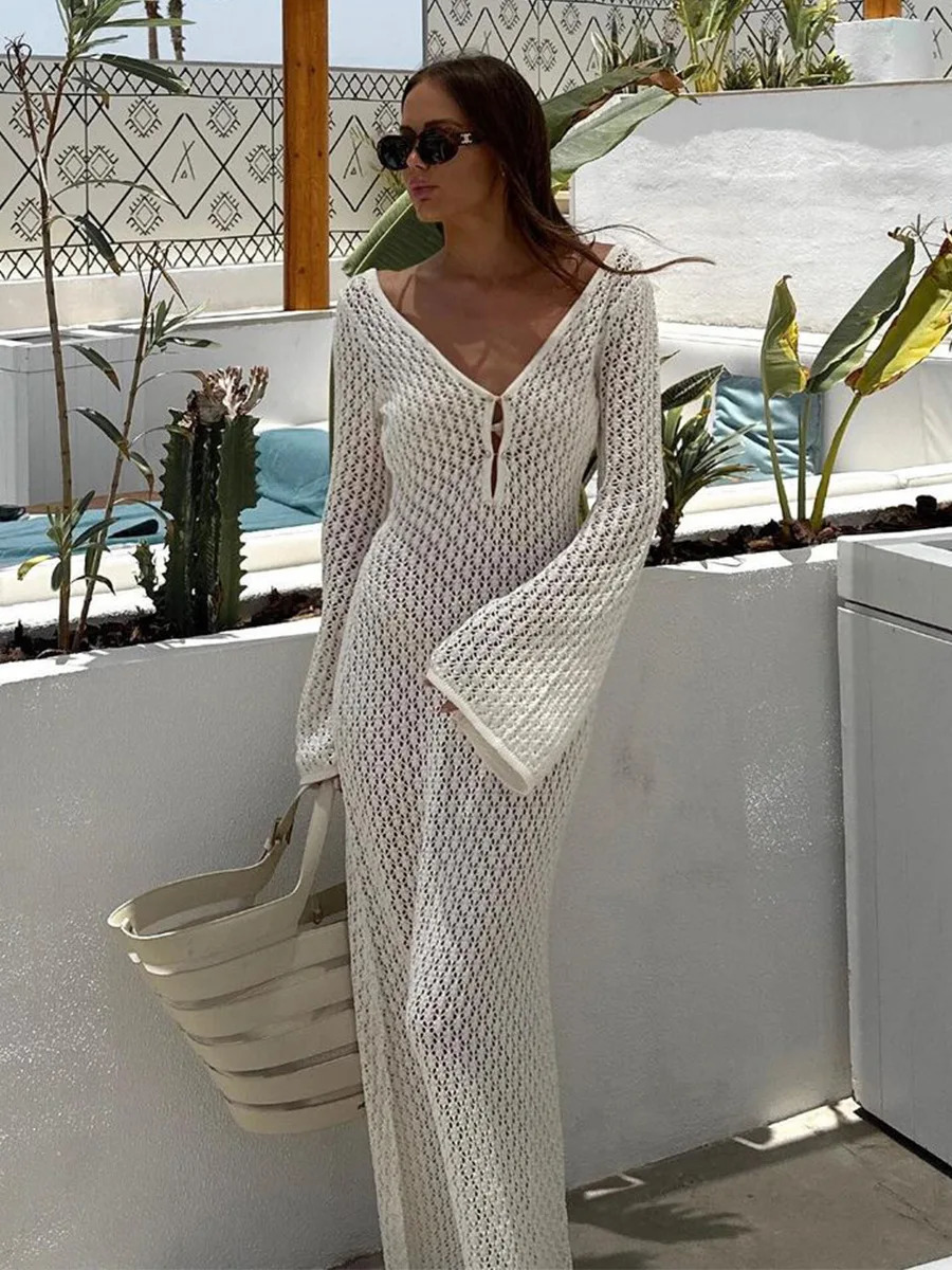 Sexy Women White Long Knit Sleeve Bikin Fashion Cover up Female See-Through Deep V-Neck Hollow-Out Beach Knitwear Backless Dress 250519