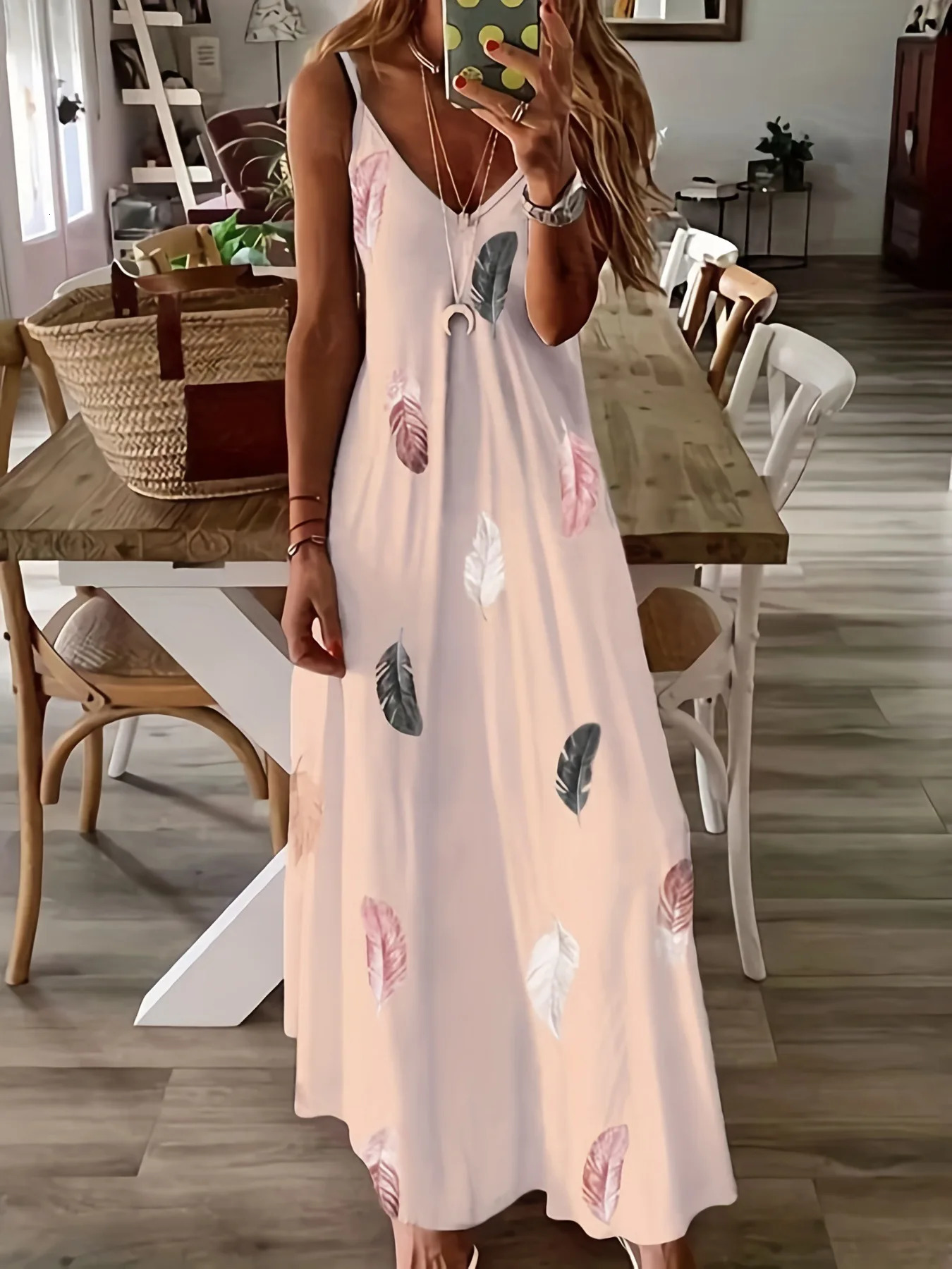 Europe and America Plus Size Womens Cross border Summer Sexy V-neck Feather Print Sling Dress 250520