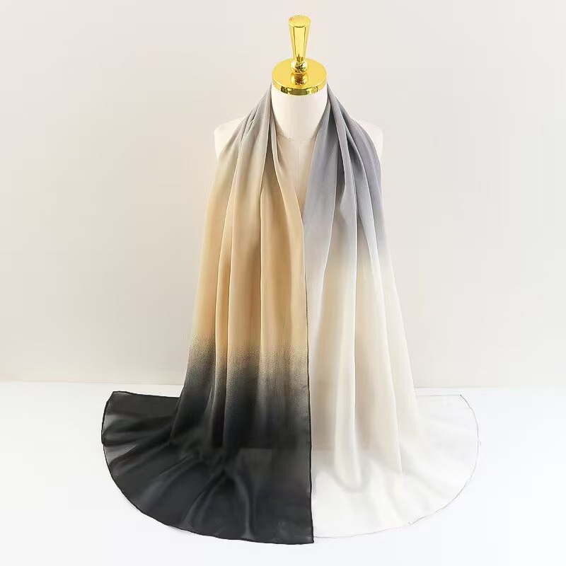 T762 silk scarf pearl chiffon long scarf gradient color scarf light sunscreen travel shawl headband beach towel female
