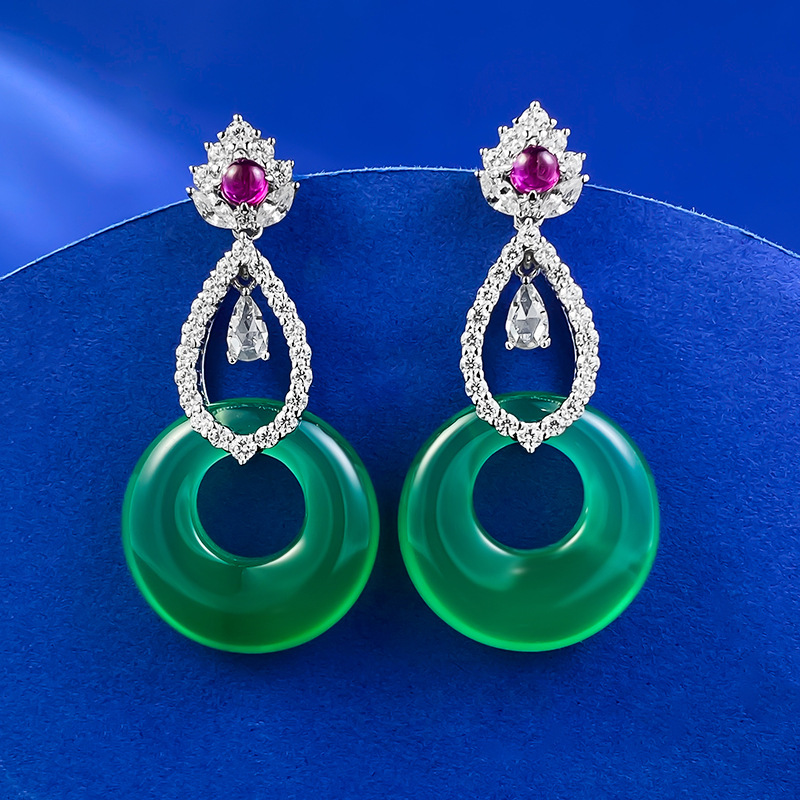 925 Sterling Silver Green Agate Earrings with Ruby and Diamond Accents - Elegant, Luxury Jewelry for Special Occasions