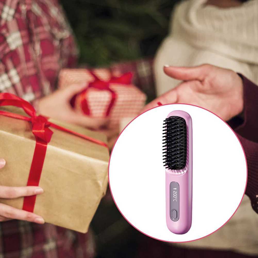 Cordless Hair Straightener Negative Ions Hair Straightener Digital Display Mini Hot Hair Comb Rechargeable for All Hair Types W250610
