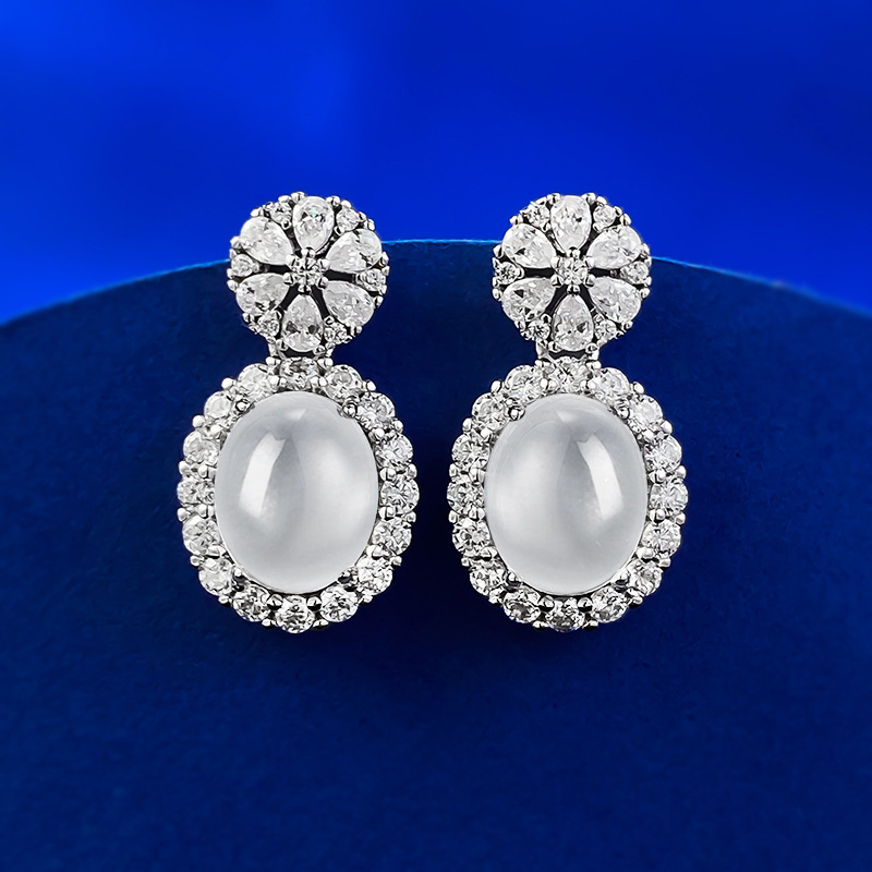 Exquisite S925 Sterling Silver Glass Pearl Earrings with Full-Cubic Zirconia Embellishment, Perfect for Brides and Special Occasions