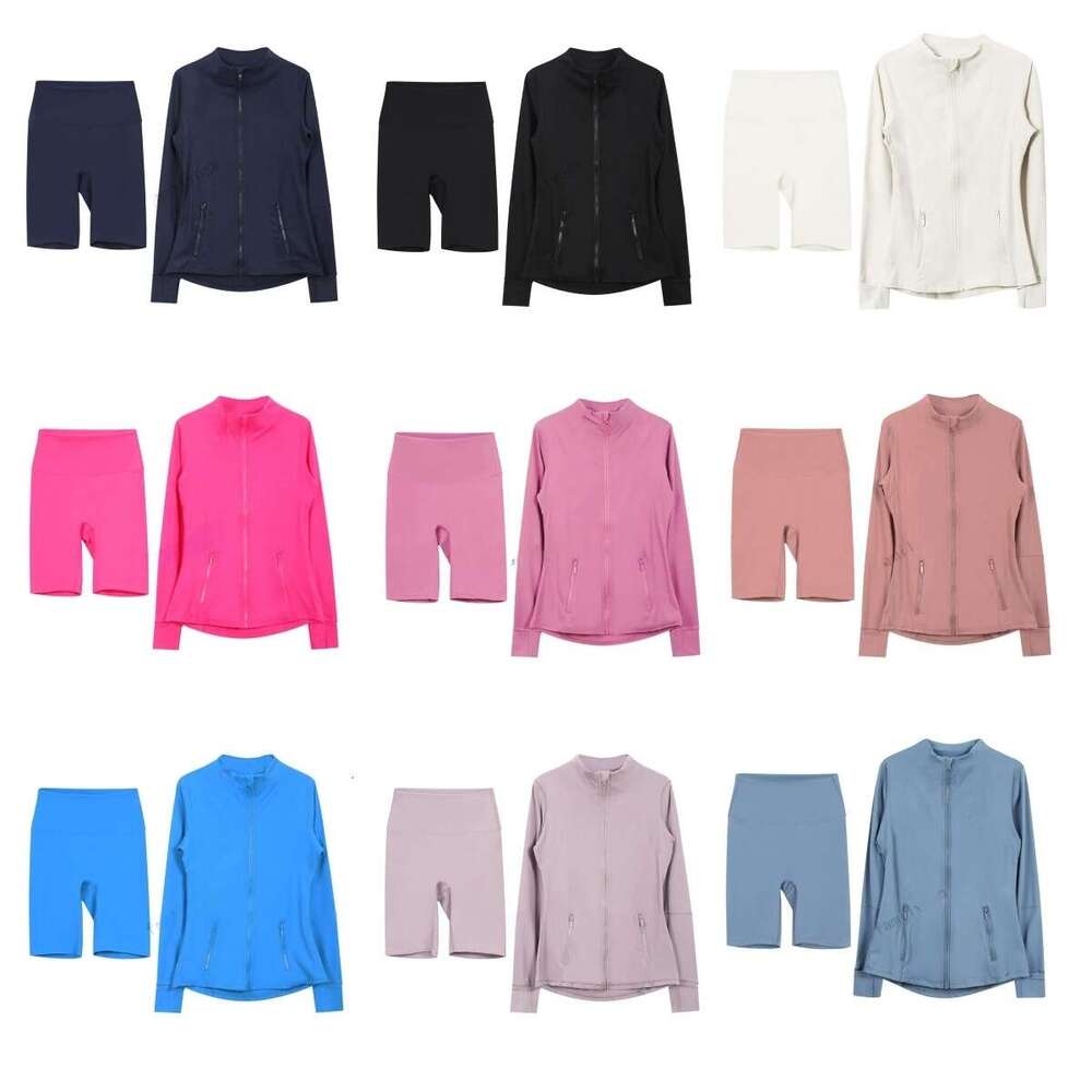 2pcs Set Designer Yoga Jacket and Shorts Workout Activewear Women Elastic Waist Quick Dry Zip Up Sweatshirt Fitness Sports Bra Running Gym Clothes