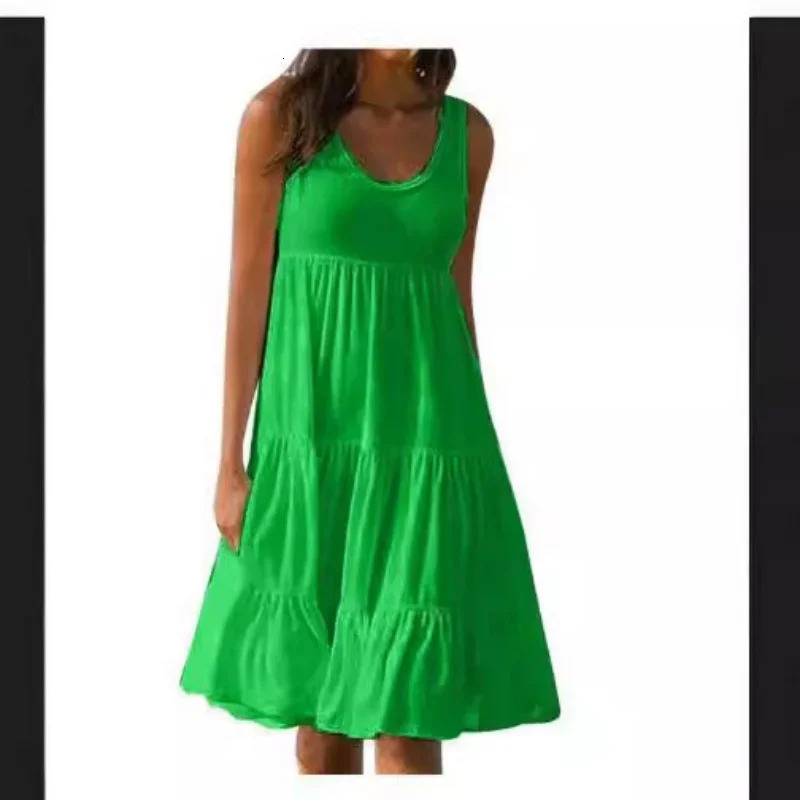 Bohemian Womens Casual O Neck Sleeveless Ruffle Mini Dress Solid Color Beach Tank Top Oversized Loose Dress Plus Size Women3029 250519