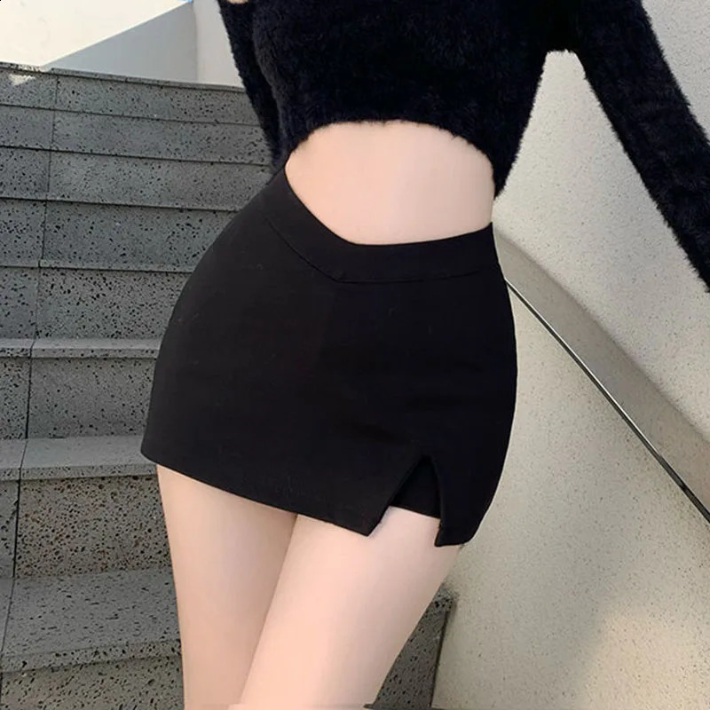 Black Split Mini Skirt Summer Sexy Club High Waist Slit Streetwear Korean Party Fashion Irregular Slim A Line y250513Z