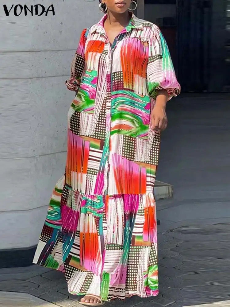 VONDA Plus Size Bohemian Printed Dress Autumn Women Elegant Long Sleeve Vintage Maxi Sundress Casual Buttons Loose Robe 5XL 250519