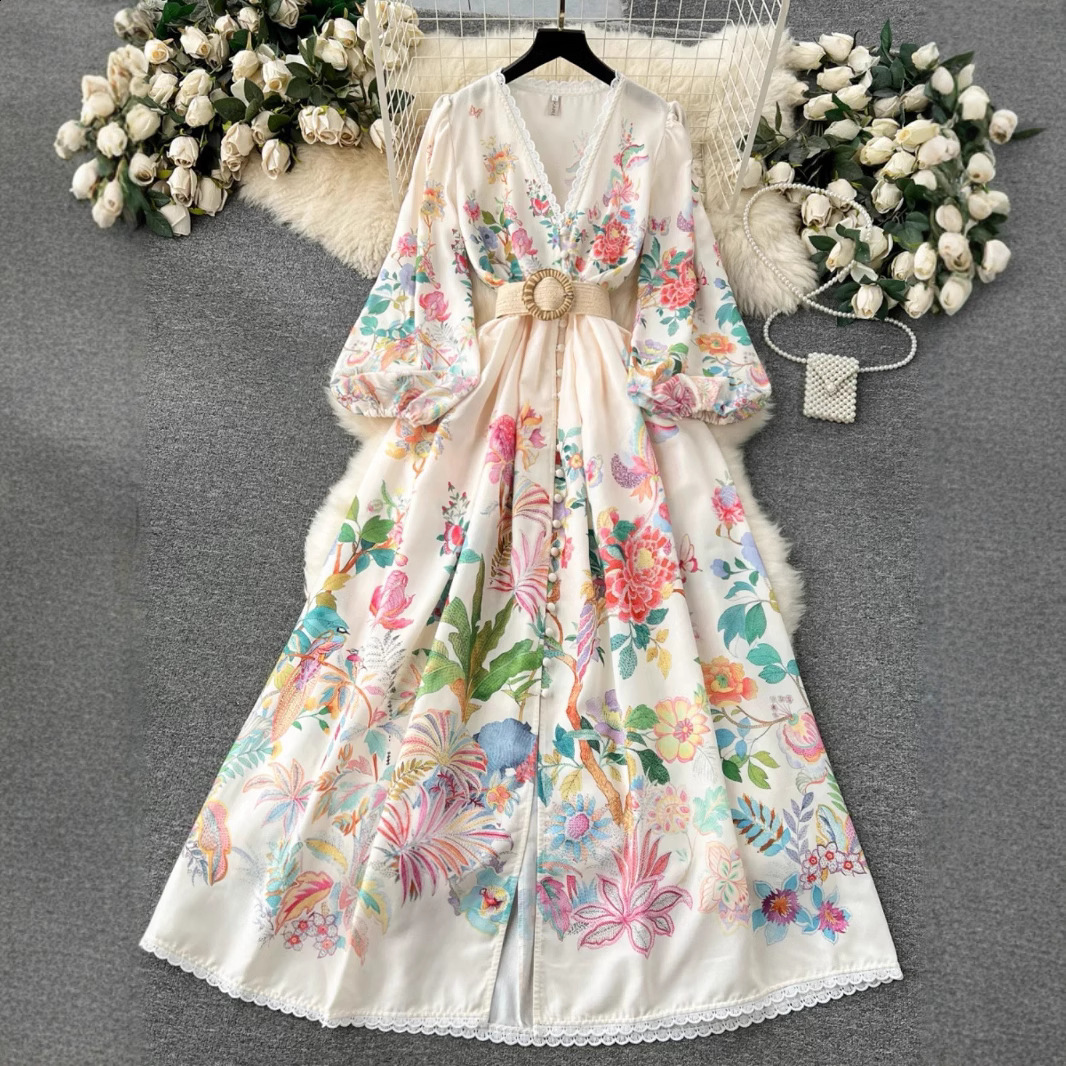 Spring Fashion Holiday Flower Painting Print Dress Women Long Lantern Sleeve V-Neck Lace Hem Buttons Belted Mini Dress 6257 240819