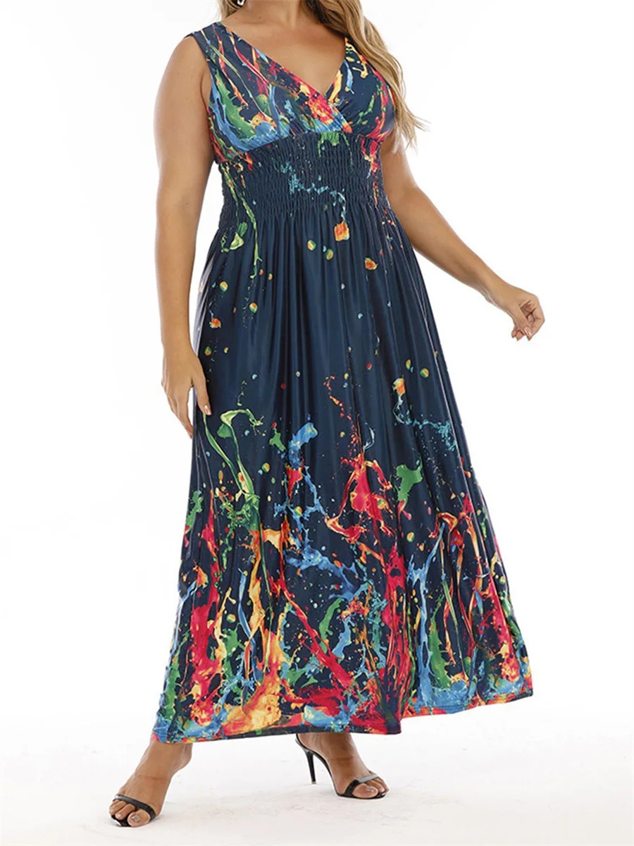 Women Plus Size Sleeveless Maxi Dress Casual Floral Print V-Neck Party Dress for Beach Club Streetwear Summer Fashion Trend 250520