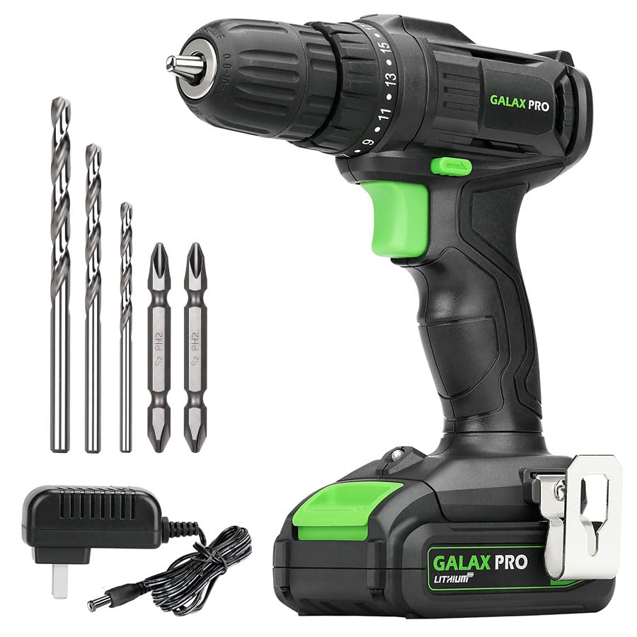 GALAX PRO Cordless Drill Driver 20V 1.3Ah Battery Power Drill Driver with Single Speed 0-600RPM 3/8 Inch Keyless Chuck 19+1 Position with Battery and 