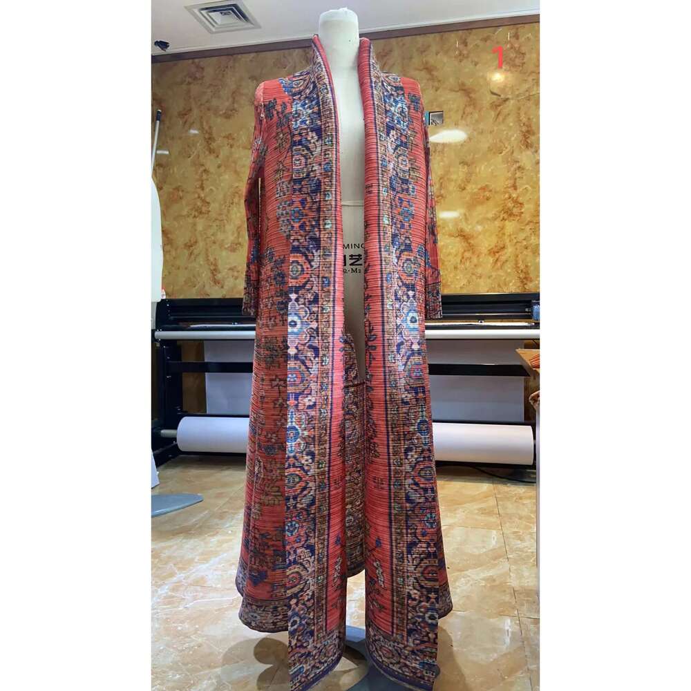 Miyake Pleated Vintage Printed Turn-down Collar Sleeve Long Jacket Women Designer Abaya New Dubai Fashion Plus Size Coats