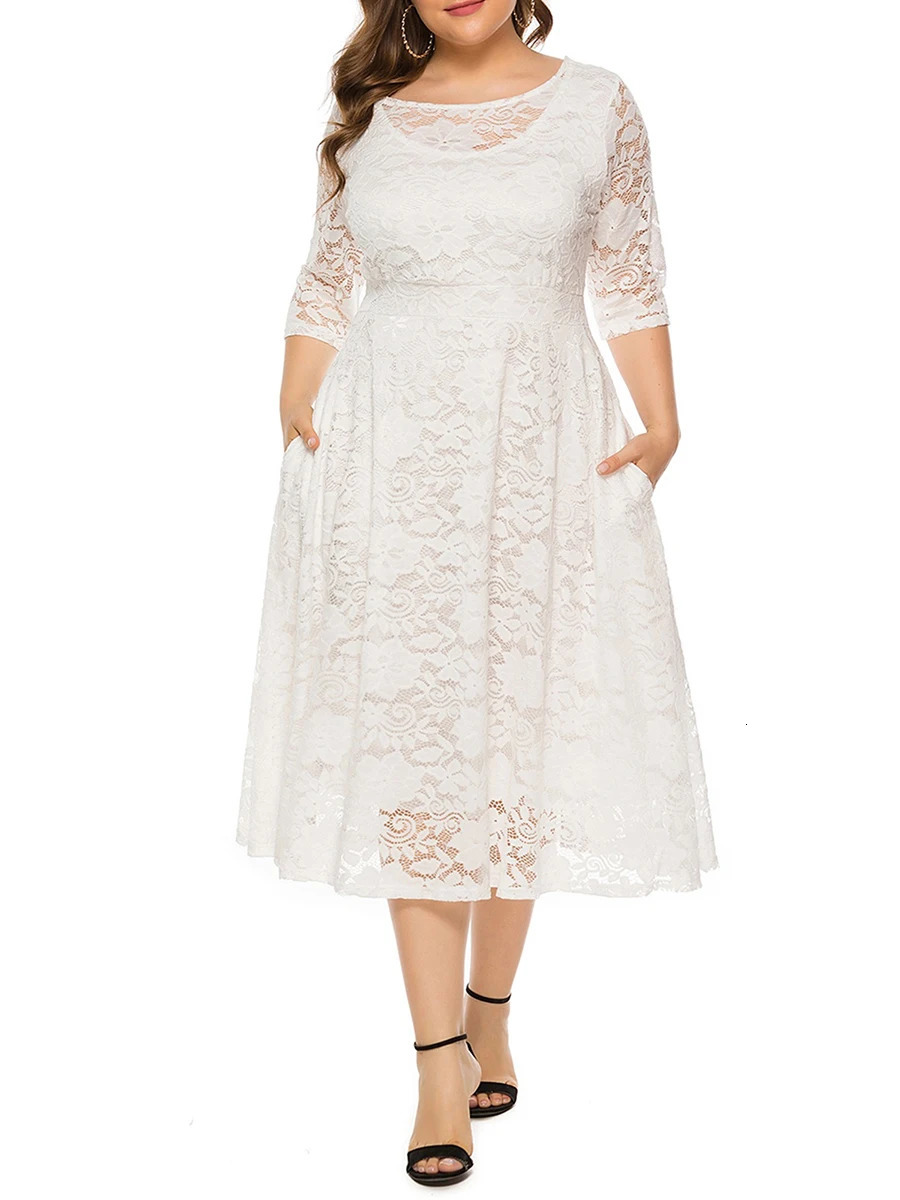 Elegant V-Neck A-Line Dress with Floral Lace Overlay and Pockets Perfect for Beach Parties and Evening Events in Plus Size 250520