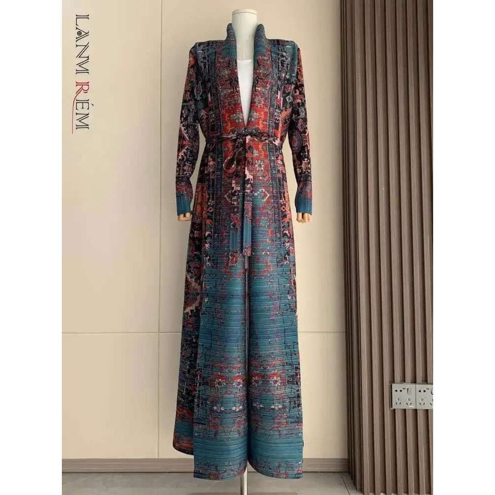 LANMREM Fashion Designer Print Pleated Windbreaker Women Loose Belt Gathered Waist Contrast Color Long Coat 2024 New 32C984