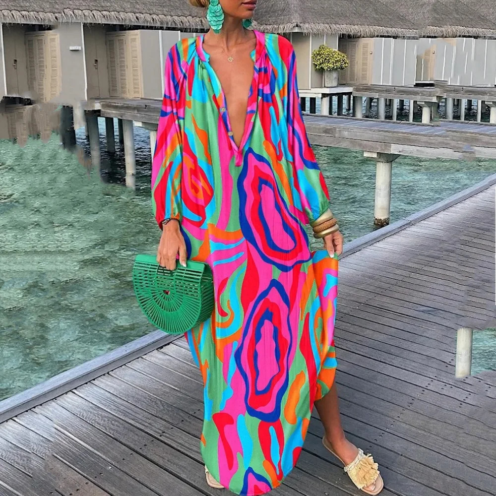 Elegant Womens Maxi Dresses Summer Casual Fashion Retro Print V Neck Loose Boho Long Vacation Beach Dress Female Robes 250519