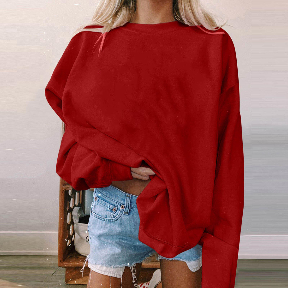 K3215 Large size long sleeve sweatshirt European and American autumn and winter warm round neck top