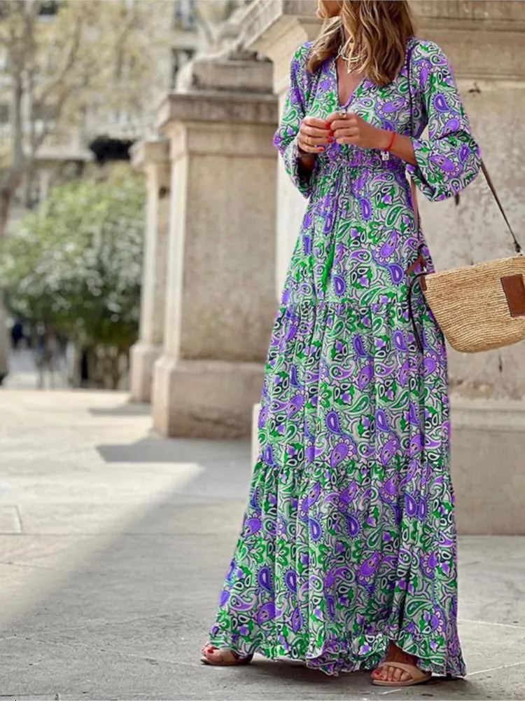 Womens Autumn Fashionable Printed Sexy V-neck Long Sleeve High Waist Elastic Waist Medium Length Bohemian Dress 250519