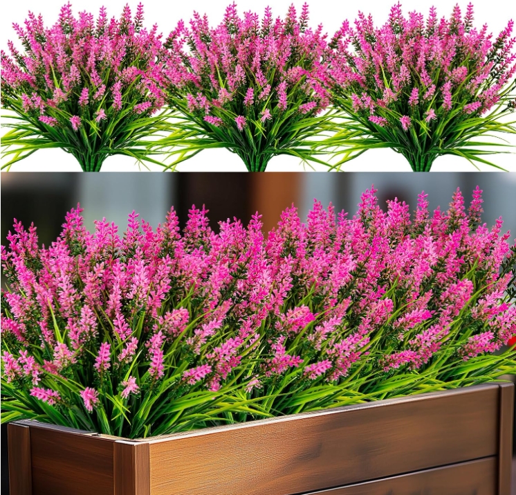 Artificial Flowers for Outdoor Plants 24 Bundles Fake Lavender Plastic Faux Monkey Grass for Verandah Window Garden Office Patio
