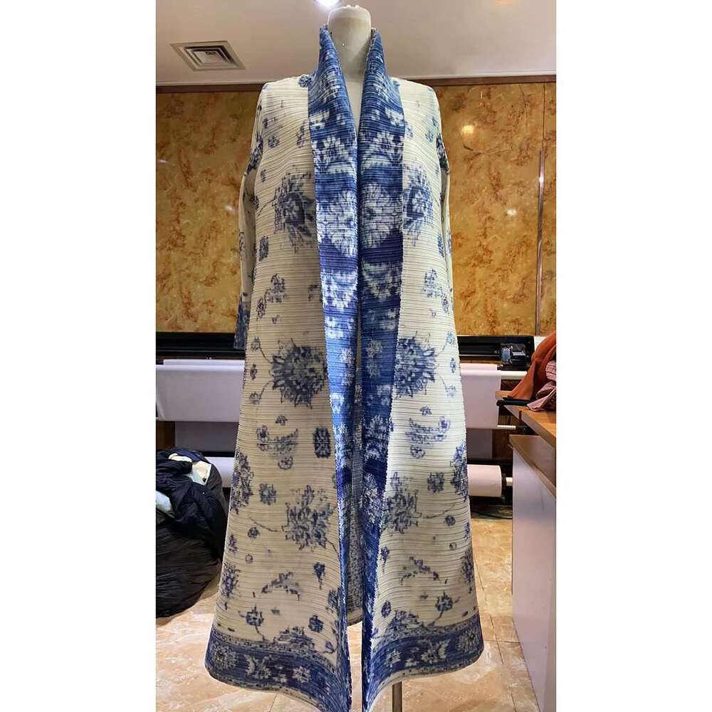 Miyake Pleated Vintage Printed Turn-down Collar Sleeve Long Jacket Women Designer Abaya New Dubai Fashion Plus Size Coats