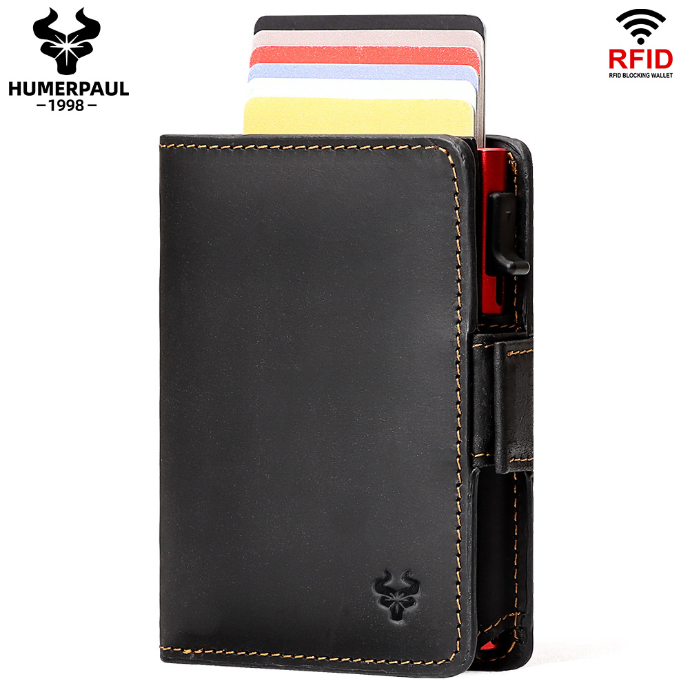 HUMERPAUL Pop-up Card Holder Genuine Leather Iron Wallets for Men RFID Protect Metal Cardholder Zipper Coin Purse with Chain