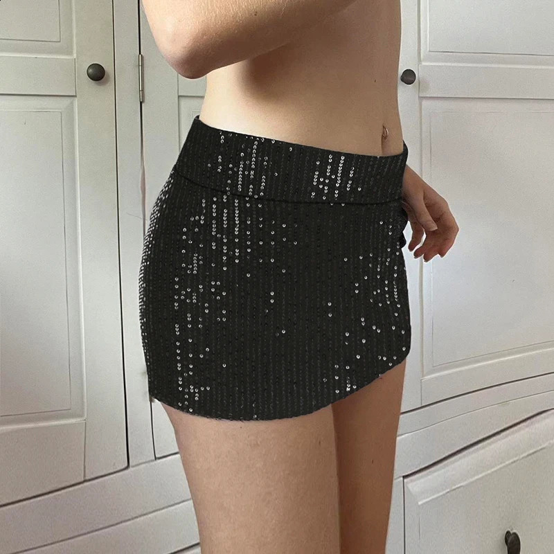 CIBBAR Party Style Black Sequin Mini Skirt Vintage 2000s Low Rise Skinny Super Short Skirts for Women y2k Clubwear Sexy Outfits 250520