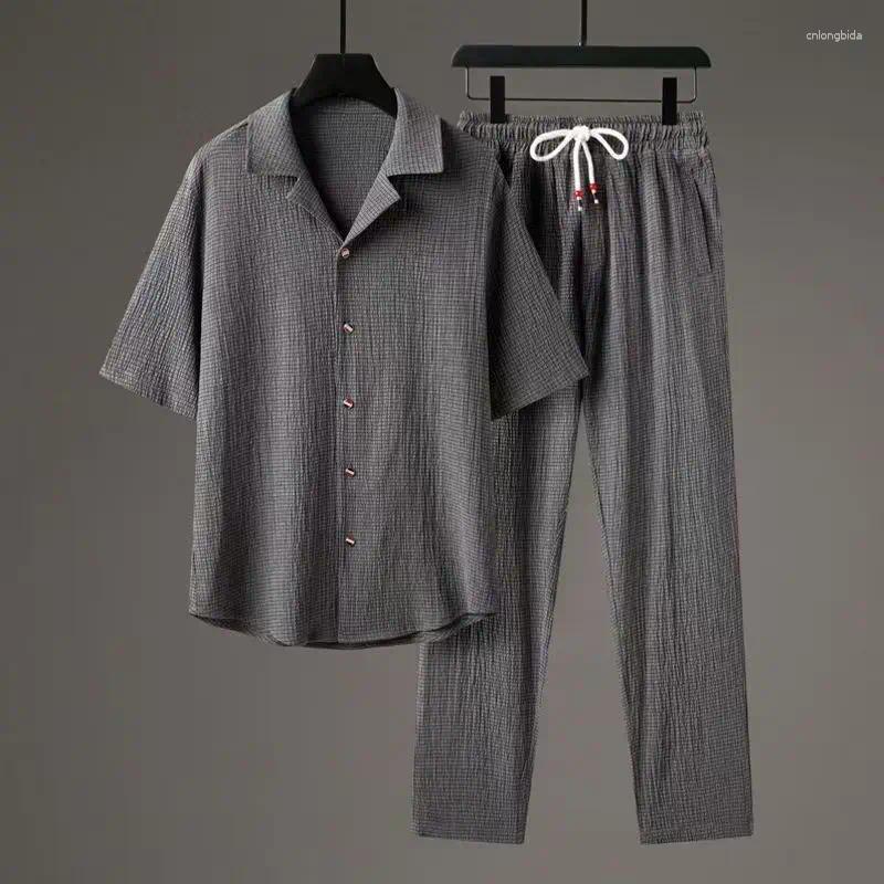 Men's Tracksuits (Shirt Trousers) 2025 Summer Fashion Single Breasted Buckle Sets Men Shirt Short Sleeve High Quality Shirts Male