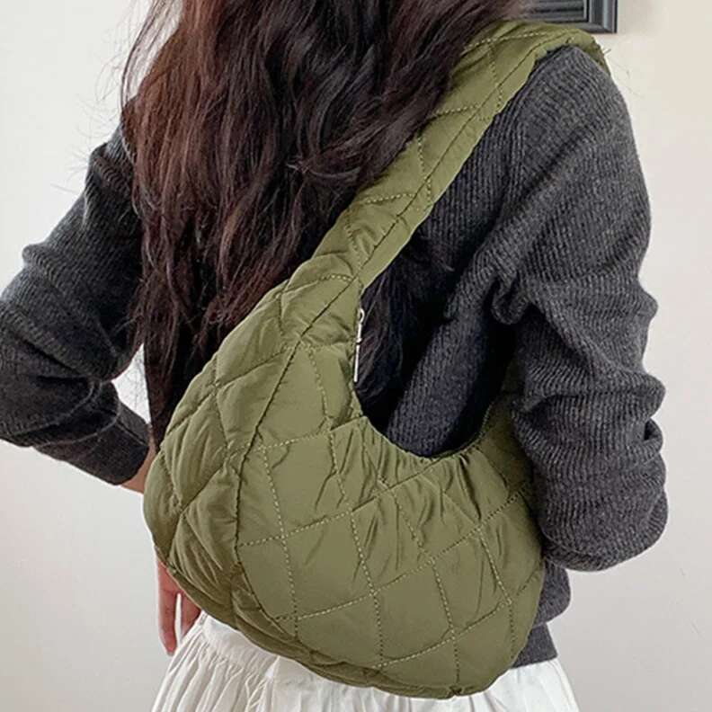 Women's Puffy Cotton Shoulder Bags Autumn&Winter Quilted Padded Tote Handbag Ladies Puffer Underarm Nylon Small Crescent Bag