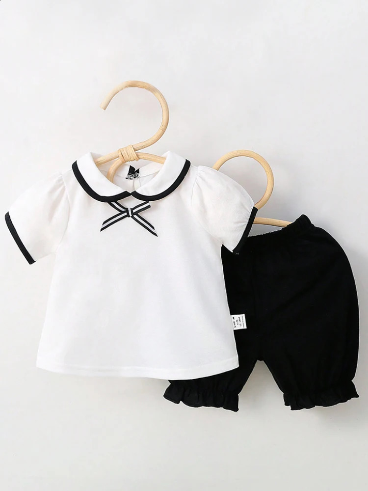 Babys Girl Bow Round Neck Short Sleeve Shorts Navy 2piece Set Child Accessories 250517z