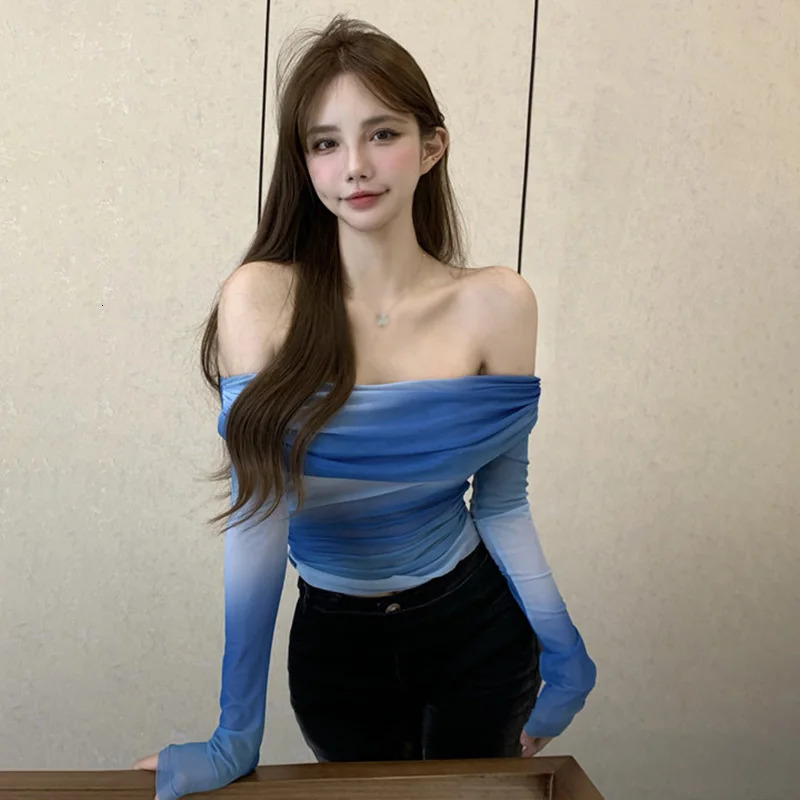Women Sexy Crop T-shirts Ruffles Mesh Patchwork Long Sleeve Tops Korean Style Slim Blouse Top Lady Autumn Off Shoulder Tops 250516