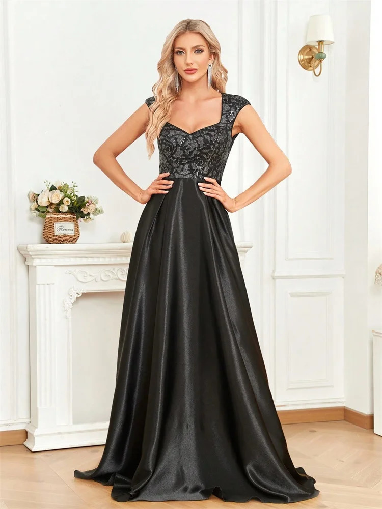 Elegant Sequins Black Formal Evening Dress For Women U-neck Satin Prom Floor Length Cocktail Party Dress 250520