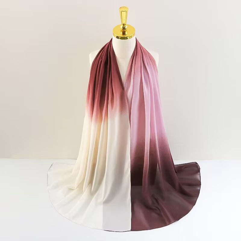T762 silk scarf pearl chiffon long scarf gradient color scarf light sunscreen travel shawl headband beach towel female