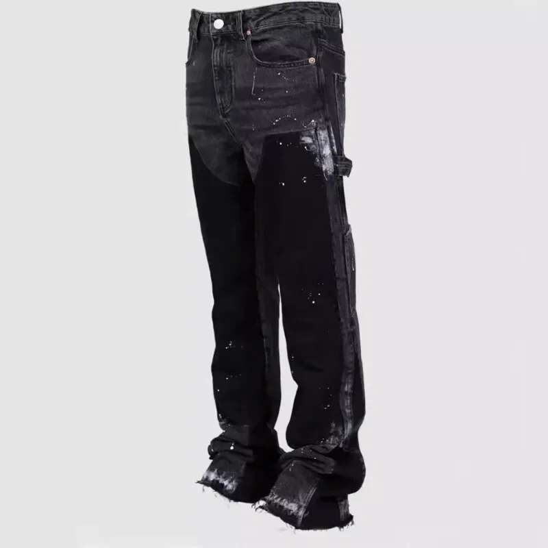 Y2k Men Painting Baggy Fashion Work Wear Popular Stretch Patch Denim Stacked Flare Jeans Pants