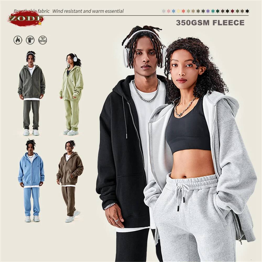 ZODF Basic Winter Men Fleece Zipper Hoodies Unisex Casual Loose 350Gsm Warm Solid Hooded Sweatshirts Coats 18 Colors Hy0726