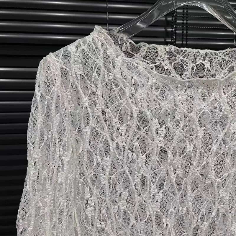 Fashion Lace Hollowed Out T-Shirt For Women Versatile Solid Color O-Neck Perspective Long Sleeve Tops Female New 11A03848