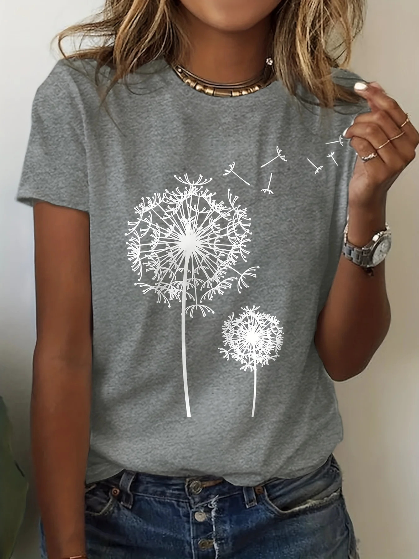 Dandelion Print Crew Neck T-Shirt Casual Short Sleeve Top For Spring Summer Womens Clothing 250517