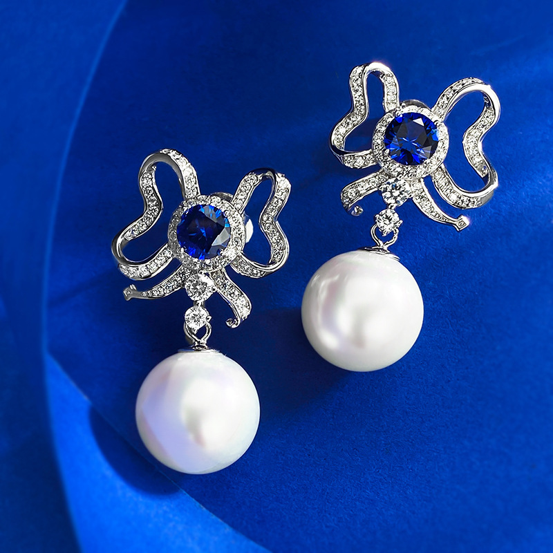 Elegant 925 Sterling Silver Butterfly Bow Earrings with Red and Blue Sapphires and 13mm Pearl Drop for Women