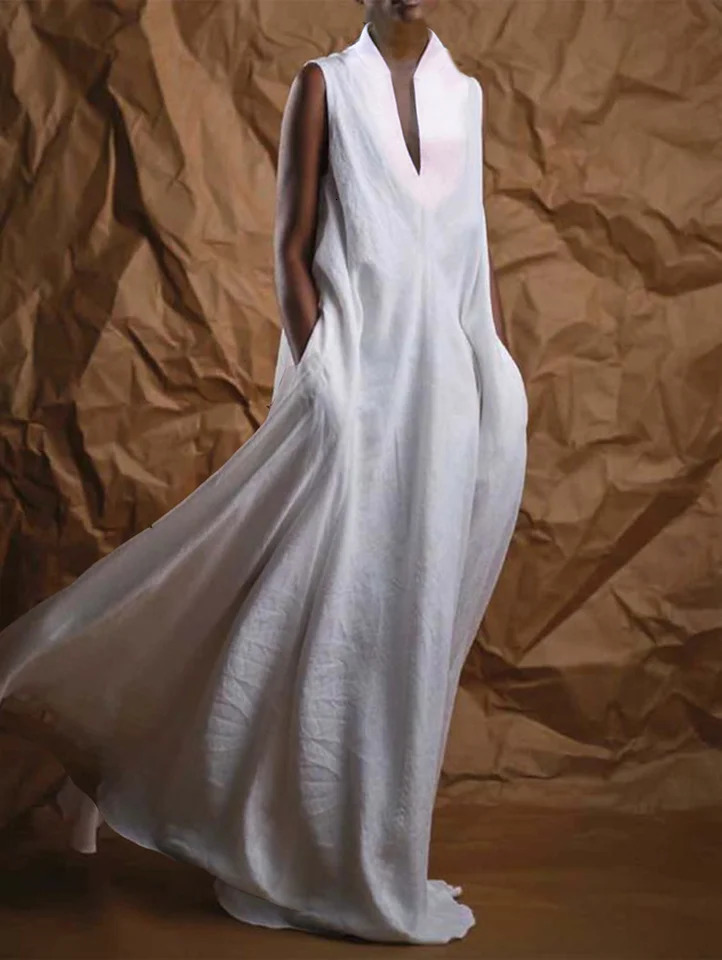 Plus Size Women Long Dress Pockets V-Neck Turtleneck Elegant Casual Sleeveless Summer Female Minimalist Maxi Dress Vestidos 250520