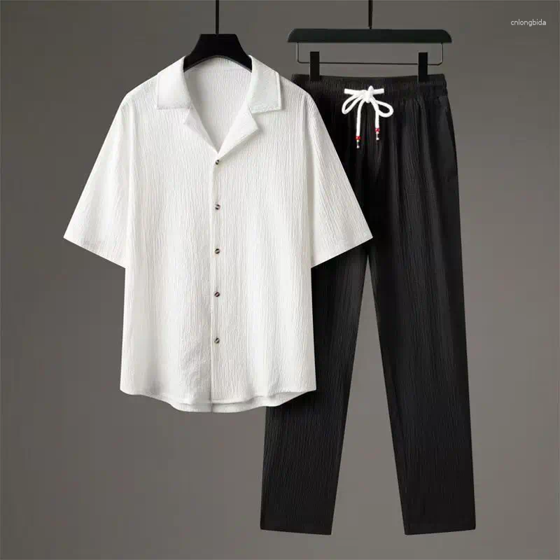 Men's Tracksuits (Shirt Trousers) 2025 Summer Fashion Single Breasted Buckle Sets Men Shirt Short Sleeve High Quality Shirts Male