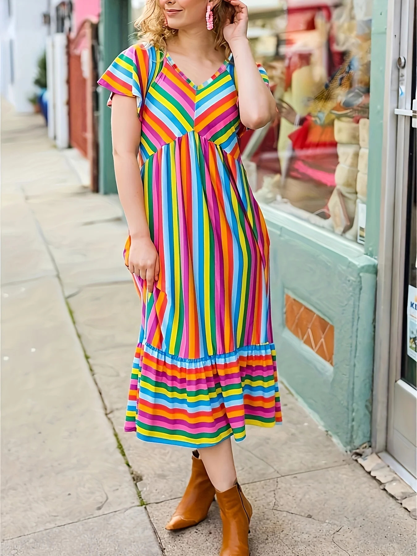 Plus Size1XL-5XL V-neck Rainbow Print Dress Loose Lotus Sleeve A-line Skirt Milk Silk Fabric Elastic Comfortable Breathable Ball 250520