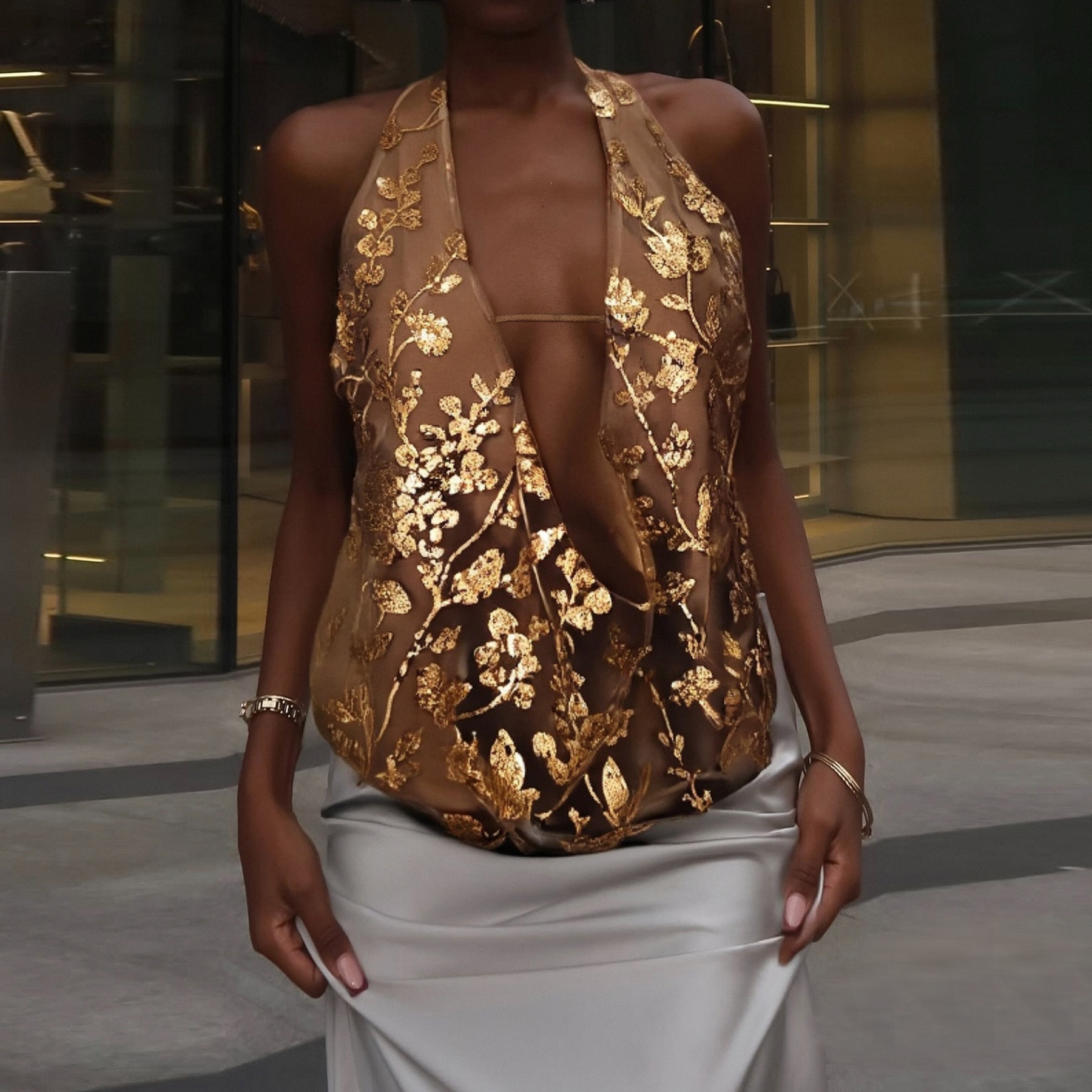 Women Green Sequin Print Haletr Sling Top Fashion Lace Up Backless Sleeveless Mesh Splicing Slim Top 2025 Lady Beach Tops 250324