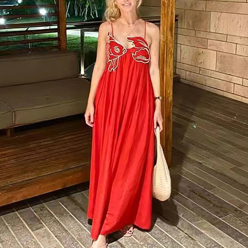 3D Fish Shaped Embroidery Pleated Sling Dress Women Spring Strapless Hollow Party Long Dress Summer Backless Side Zip Boho Dress 250519