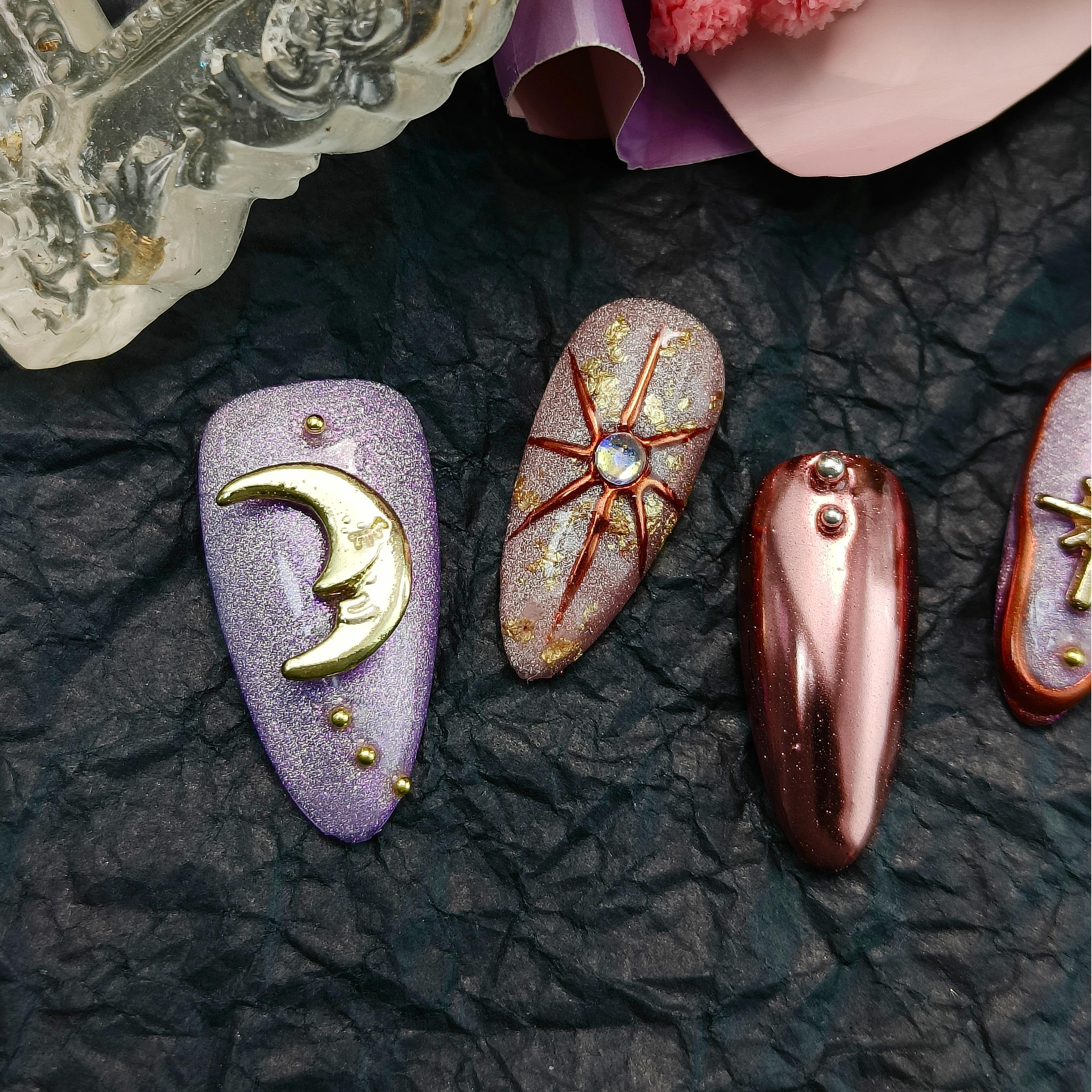 10pcs 3D Hand drawn Handmade Press-on nails Medium Almond Nails Bundle Celestial Collection 3D Stars Moon Finished nail stickers Free storage box jell