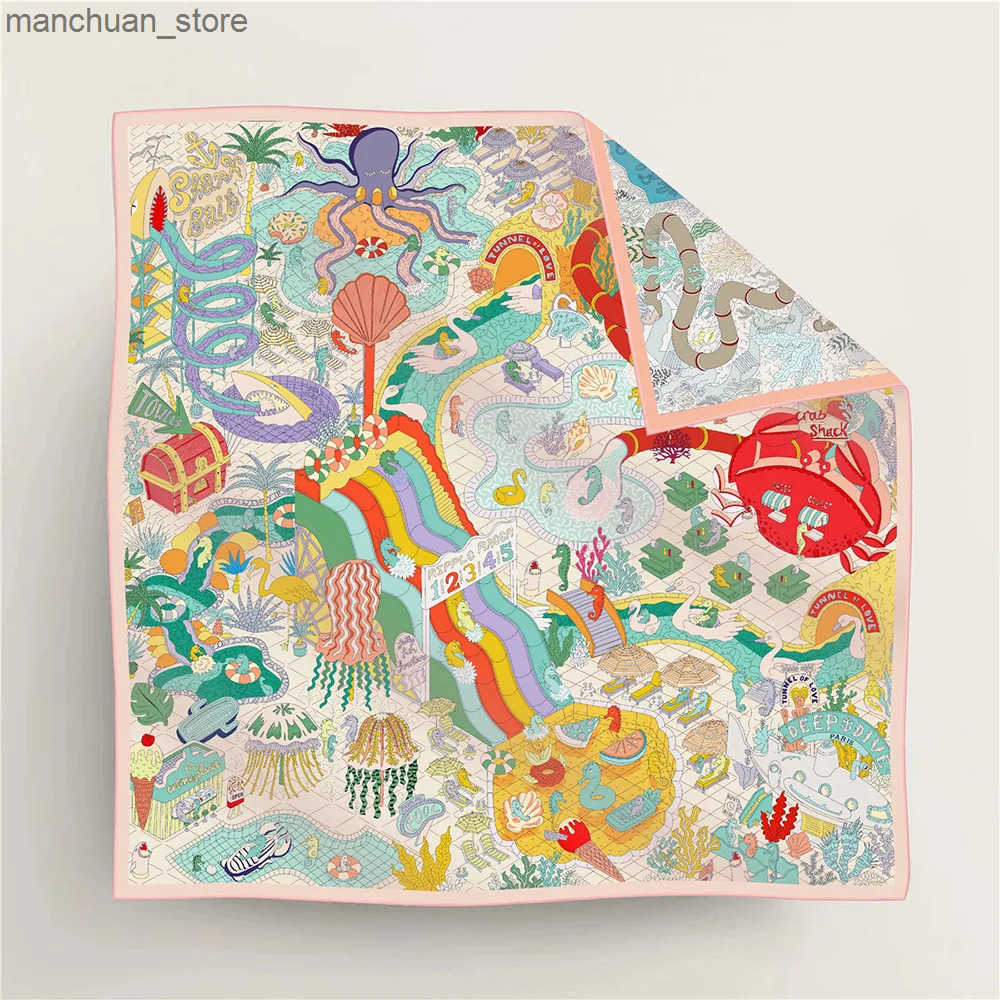 90Cm High-quality Twill Silk Double-sided Printing Submarine Playground Womens Large Square Scarf Chest Wrap Scarf Q250521