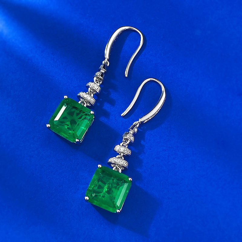 Exquisite S925 Sterling Silver Vintage Emerald Cut Green CZ Earrings with Full Diamond Paving